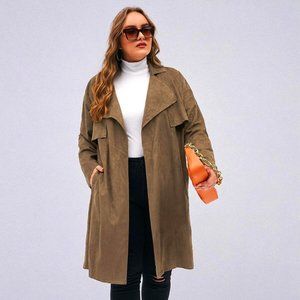 Women's Long Open Front Coat, Moca Brown Swede like, with pockets, Size …